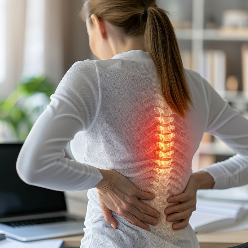 Frau mit Rückenschmerzen im Büro